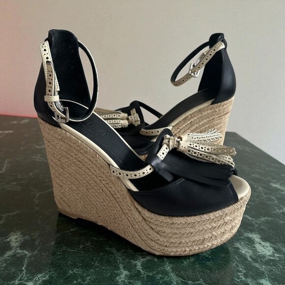 POLO RALPH LAUREN Black Cream Leather Platform Espadrilles Wedges Size 37 / US 7 - Picture 1 of 10